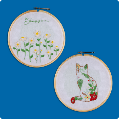 Cat & Blossom Embroidery Kit Pack of 2 — Beginner-Friendly DIY Stitching for Kids & Adults