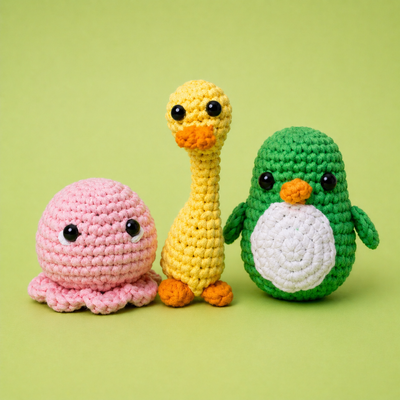 DIY Crochet Kit: Penguin, Octopus & Duck — Beginner-Friendly with Video Tutorials